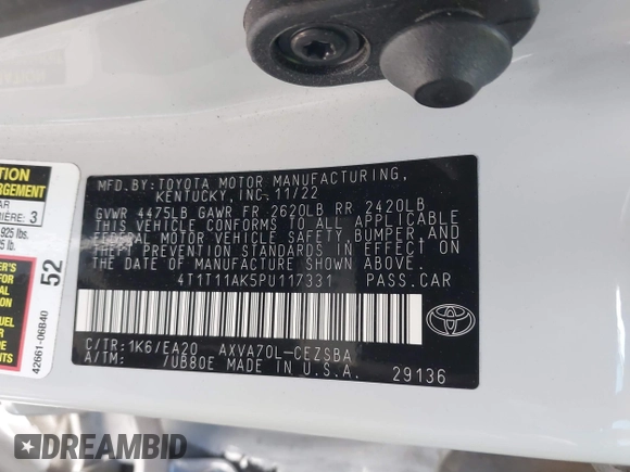 2023 Toyota Camry SE with VIN 4T1T11AK5PU117331, listed as a IAAI auction lot 41728043 with 13,019 mi miles and . Bid and sale history available at DreamBid. Image 9.