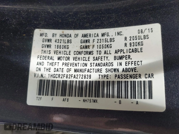 2015 Honda Accord EX-L with VIN 1HGCR2F82FA272839, listed as a IAAI auction lot 42470261 with 130,845 mi miles and . Bid and sale history available at DreamBid. Image 9.