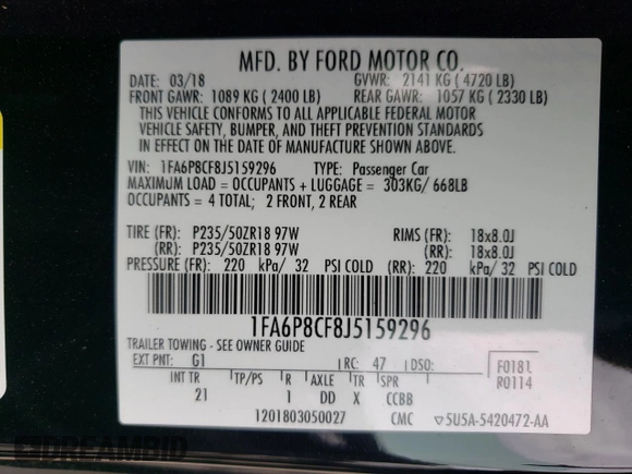 2018 Ford Mustang GT with VIN 1FA6P8CF8J5159296, listed as a Copart auction lot 49684945 with 27,669 mi miles and Salvage title. Bid and sale history available at DreamBid. Image 12.