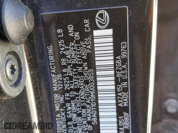 2021 Lexus ES 250 z VIN 58AD11D19MU003859, wystawiony jako Copart lot #49543395 z przebiegiem 102 968 mil mil oraz Szkoda całkowita • Salvage title. Historia ofert i sprzedaży dostępna na DreamBid. Obrazek 14.