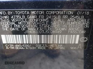 2018 Lexus IS 300 with VIN JTHC81D23J5028949, listed as a IAAI auction lot 42347874 with 60,895 mi miles and . Bid and sale history available at DreamBid. Image 9.