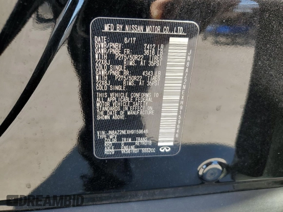 2017 Infiniti QX80 with VIN JN8AZ2NEXH9159646, listed as a Copart auction lot 74235294 with 50,650 mi miles and Salvage Title. Bid and sale history available at carsss.com. Image 13.