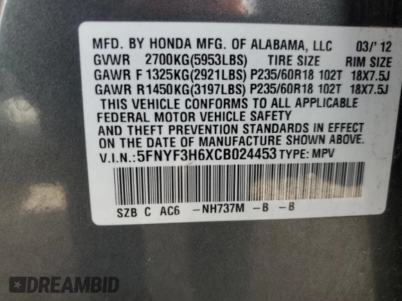 2012 Honda Pilot EX-L z VIN 5FNYF3H6XCB024453, wystawiony jako Copart lot #47358655 z przebiegiem 178 444 mil mil oraz Szkoda całkowita • Salvage title. Historia ofert i sprzedaży dostępna na DreamBid. Obrazek 13.