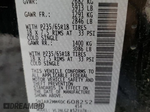 2013 Nissan Pathfinder SL with VIN 5N1AR2MM4DC608252, listed as a Copart auction lot 59635945 with 169,371 mi miles and Non repairable. Bid and sale history available at DreamBid. Image 14.