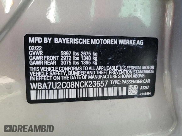 2022 BMW 7 Series 750i xDrive with VIN WBA7U2C08NCK23657, listed as a Copart auction lot 54202285 with 26,532 mi miles and Salvage title. Bid and sale history available at DreamBid. Image 13.