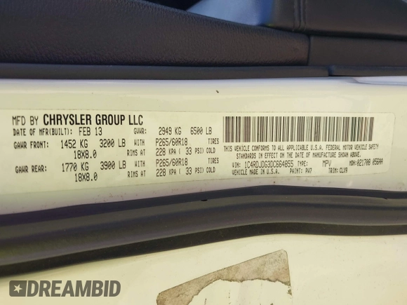 2013 Dodge Durango Crew with VIN 1C4RDJDG3DC664855, listed as a IAAI auction lot 42109159 with 148,440 mi miles and . Bid and sale history available at DreamBid. Image 9.