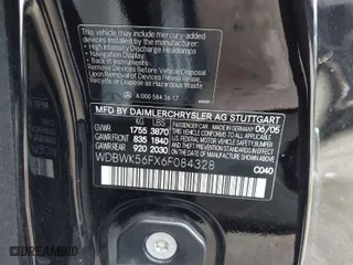 2006 Mercedes-Benz SLK-Class 3.5L with VIN WDBWK56FX6F084328, listed as a IAAI auction lot 41570145 with 104,929 mi miles. Bid and sale history available at carsss.com. Image 9.