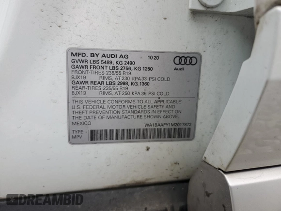2021 Audi Q5 Premium Plus with VIN WA1BAAFY1M2017872, listed as a Copart auction lot 59964725 with 58,694 mi miles and Salvage title. Bid and sale history available at DreamBid. Image 13.