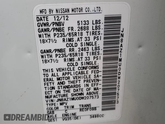 2013 Nissan Murano SL with VIN JN8AZ1MU0DW207573, listed as a Copart auction lot 44251895 with 103,749 mi miles and Salvage Title. Bid and sale history available at carsss.com. Image 16.