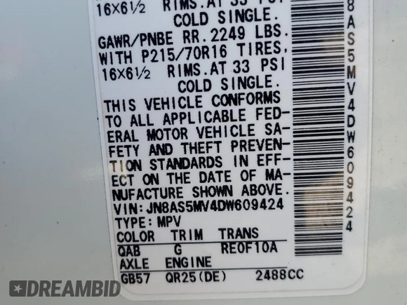 2013 Nissan Rogue SL with VIN JN8AS5MV4DW609424, listed as a Copart auction lot 54402455 with 148,966 mi miles and Non Repairable. Bid and sale history available at DreamBid. Image 14.