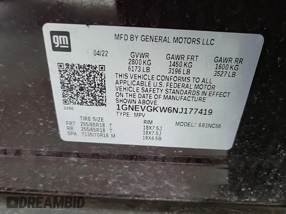 2022 Chevrolet Traverse LT Cloth с VIN 1GNEVGKW6NJ177419, выставлен на аукционе IAAI как лот 42587439 с пробегом 96 967 миль миль и . История ставок и продаж доступна на DreamBid. Изображение 18.