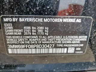 2023 BMW 3 Series 330i with VIN 3MW69FF08P8D30427, listed as a Copart auction lot 58085895 with 27,608 mi miles and Salvage title. Bid and sale history available at DreamBid. Image 12.