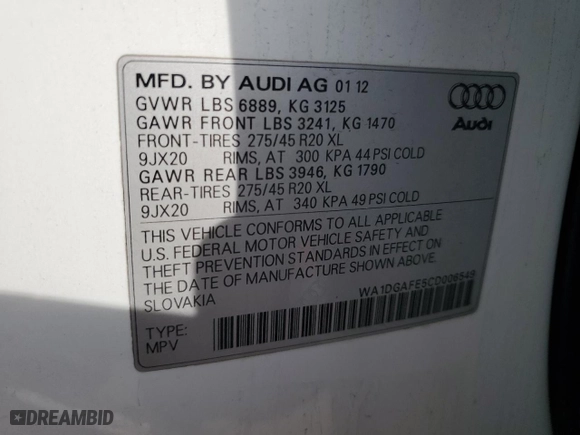 2012 Audi Q7 3.0T S line with VIN WA1DGAFE5CD006549, listed as a Copart auction lot 44615025 with 164,019 mi miles and Salvage Title. Bid and sale history available at carsss.com. Image 12.