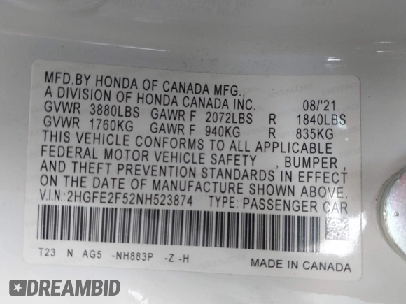 2022 Honda Civic Sedan Sport with VIN 2HGFE2F52NH523874, listed as a IAAI auction lot 41579785 with 1 mi miles. Bid and sale history available at carsss.com. Image 9.