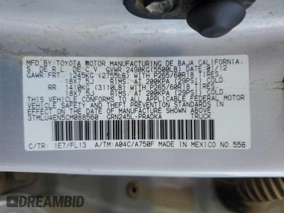 2012 Toyota Tacoma with VIN 3TMLU4EN5CM088560, listed as a Copart auction lot 56761225 with 93,630 mi miles and Salvage title. Bid and sale history available at DreamBid. Image 12.