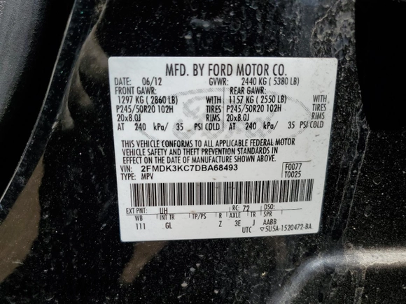 2013 Ford Edge Limited с VIN 2FMDK3KC7DBA68493, выставлен на аукционе Copart как лот 63697105 с пробегом 130 358 миль миль и Списание • Salvage title. История ставок и продаж доступна на DreamBid. Изображение 13.