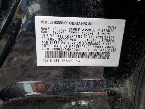 2022 Acura ILX Premium with VIN 19UDE2F79NA000696, listed as a Copart auction lot 58708225 with 16,292 mi miles and Clean title. Bid and sale history available at DreamBid. Image 12.