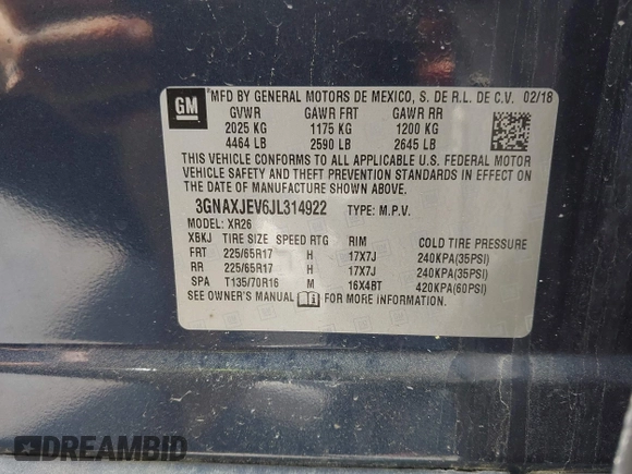 2018 Chevrolet Equinox LT with VIN 3GNAXJEV6JL314922, listed as a IAAI auction lot 41580629 with 127,490 mi miles. Bid and sale history available at carsss.com. Image 9.