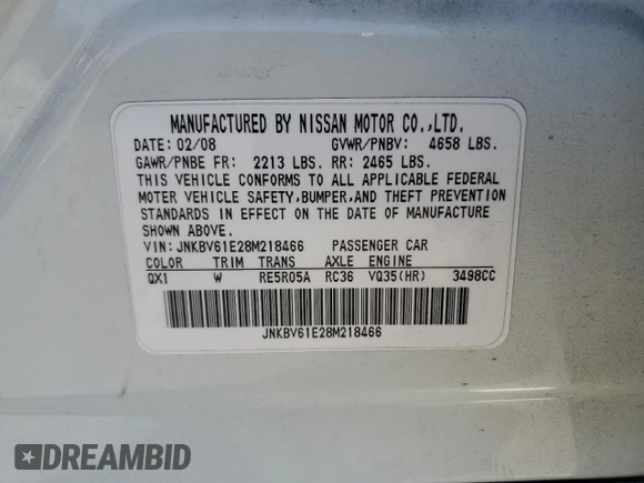 2008 Infiniti G35 with VIN JNKBV61E28M218466, listed as a Copart auction lot 68291334 with 193,083 mi miles and Salvage Title. Bid and sale history available at DreamBid. Image 14.