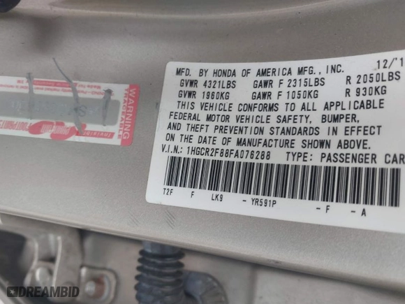 2015 Honda Accord Sedan EX-L with VIN 1HGCR2F88FA076288, listed as a IAAI auction lot 41804674 with 139,689 mi miles. Bid and sale history available at carsss.com. Image 9.
