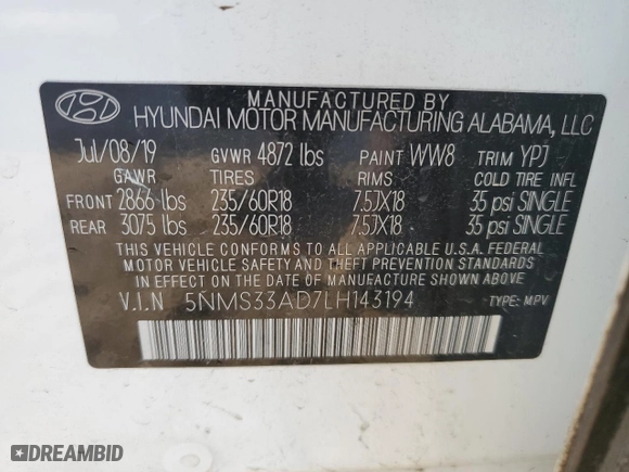 2020 Hyundai Santa Fe SEL with VIN 5NMS33AD7LH143194, listed as a Copart auction lot 48997925 with 98,497 mi miles and Salvage Title. Bid and sale history available at carsss.com. Image 13.