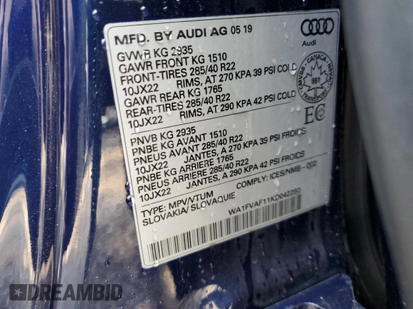 2019 Audi Q8 Prestige with VIN WA1FVAF11KD042250, listed as a Copart auction lot 60295425 with 165,420 mi miles and Salvage title. Bid and sale history available at DreamBid. Image 14.