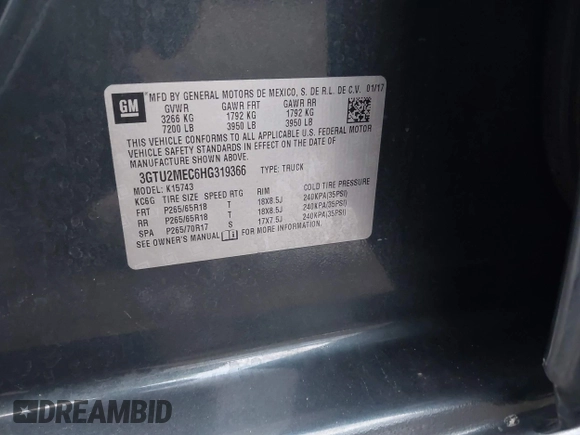 2017 GMC Sierra 1500 SLE with VIN 3GTU2MEC6HG319366, listed as a IAAI auction lot 41351311 with 123,097 mi miles and . Bid and sale history available at DreamBid. Image 9.