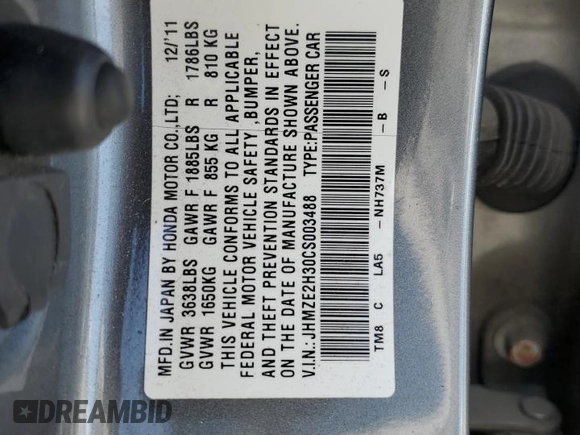 2012 Honda Insight with VIN JHMZE2H30CS003488, listed as a Copart auction lot 59016385 with Not provided miles and Salvage title. Bid and sale history available at DreamBid. Image 13.