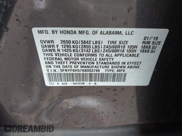 2019 Honda Pilot EX-L with VIN 5FNYF6H57KB053786, listed as a IAAI auction lot 42161832 with 89,326 mi miles and . Bid and sale history available at carsss.com. Image 9.