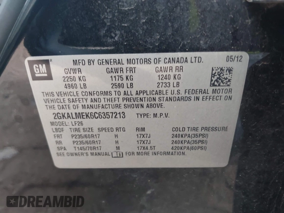 2012 GMC Terrain SLE-1 with VIN 2GKALMEK6C6357213, listed as a IAAI auction lot 42134805 with 155,667 mi miles and . Bid and sale history available at carsss.com. Image 9.