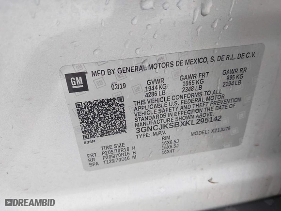 2019 Chevrolet Trax LS with VIN 3GNCJKSBXKL295142, listed as a IAAI auction lot 41900098 with 95,121 mi miles. Bid and sale history available at carsss.com. Image 9.