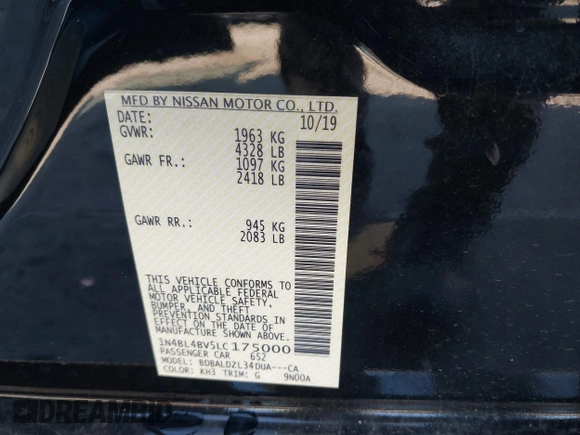 2020 Nissan Altima 2.5 S with VIN 1N4BL4BV5LC175000, listed as a IAAI auction lot 41761083 with 140,800 mi miles. Bid and sale history available at carsss.com. Image 9.