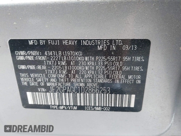 2013 Subaru Crosstrek Limited с VIN JF2GPAGC1D2866253, выставлен на аукционе IAAI как лот 42381764 с пробегом 88 592 миль миль и . История ставок и продаж доступна на DreamBid. Изображение 9.