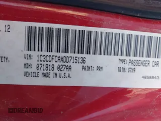 2013 Dodge Dart Limited with VIN 1C3CDFCAXDD715136, listed as a IAAI auction lot 41250744 with 158,431 mi miles. Bid and sale history available at carsss.com. Image 9.