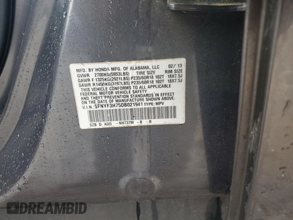 2013 Honda Pilot EX-L z VIN 5FNYF3H75DB021941, wystawiony jako Copart lot #55988805 z przebiegiem 158 309 mil mil oraz Szkoda całkowita • Salvage title. Historia ofert i sprzedaży dostępna na DreamBid. Obrazek 13.
