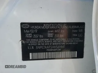 2017 Hyundai Sonata 2.4L with VIN 5NPE24AF5HH569841, listed as a Copart auction lot 53969815 with 45,993 mi miles and Salvage Title. Bid and sale history available at DreamBid. Image 12.