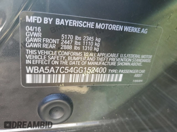 2016 BMW 5 Series 528i xDrive with VIN WBA5A7C54GG152400, listed as a Copart auction lot 80543343 with 74,579 mi miles and Salvage title. Bid and sale history available at DreamBid. Image 12.