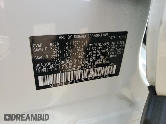 2019 Subaru Ascent Limited with VIN 4S4WMAPD5K3440287, listed as a Copart auction lot 60571285 with 117,979 mi miles and Salvage title. Bid and sale history available at DreamBid. Image 12.