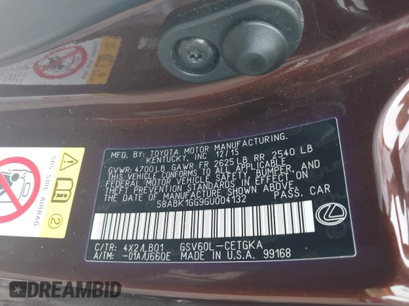 2016 Lexus ES 330 with VIN 58ABK1GG9GU004132, listed as a IAAI auction lot 42331681 with Not provided miles and . Bid and sale history available at DreamBid. Image 9.