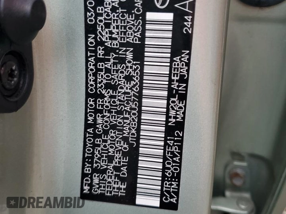 2007 Toyota Prius z VIN JTDKB20U577636531, wystawiony jako Copart lot #57650325 z przebiegiem 199 956 mil mil oraz Szkoda całkowita • Salvage title. Historia ofert i sprzedaży dostępna na DreamBid. Obrazek 12.