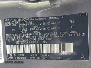 2019 Toyota Sienna XLE Auto Access Seat with VIN 5TDYZ3DC3KS980743, listed as a IAAI auction lot 42753501 with 147,122 mi miles and . Bid and sale history available at DreamBid. Image 9.