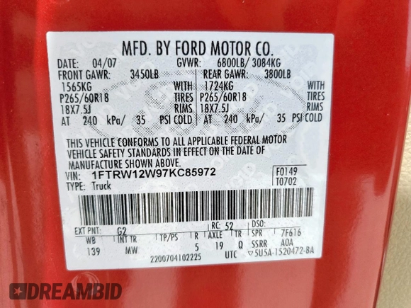 2007 Ford F-150 XLT with VIN 1FTRW12W97KC85972, listed as a Copart auction lot 61775655 with 103,406 mi miles and Salvage title. Bid and sale history available at DreamBid. Image 12.