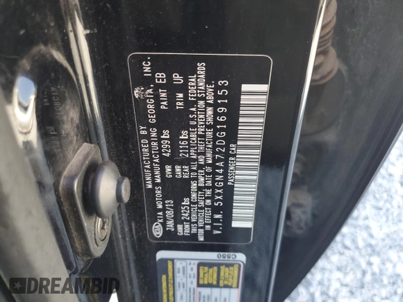 2013 Kia Optima EX with VIN 5XXGN4A72DG169153, listed as a Copart auction lot 54102005 with 164,091 mi miles and Clean Title. Bid and sale history available at carsss.com. Image 12.