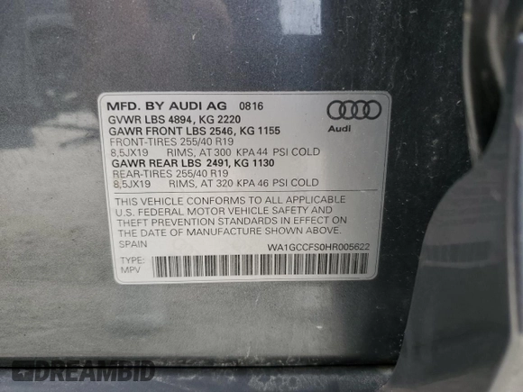 2017 Audi Q3 Prestige with VIN WA1GCCFS0HR005622, listed as a Copart auction lot 83565434 with 91,537 mi miles and Salvage Title. Bid and sale history available at carsss.com. Image 13.