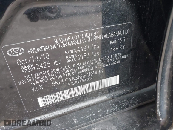2011 Hyundai Sonata SE with VIN 5NPEC4AB8BH184498, listed as a IAAI auction lot 41299500 with 176,287 mi miles and . Bid and sale history available at carsss.com. Image 9.