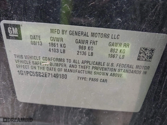 2014 Chevrolet Cruze 1LT with VIN 1G1PC5SB2E7149180, listed as a IAAI auction lot 42010987 with 122,787 mi miles. Bid and sale history available at carsss.com. Image 9.