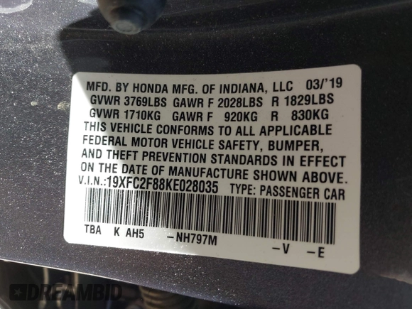 2019 Honda Civic Sport with VIN 19XFC2F88KE028035, listed as a IAAI auction lot 42000936 with 51,666 mi miles and . Bid and sale history available at DreamBid. Image 9.