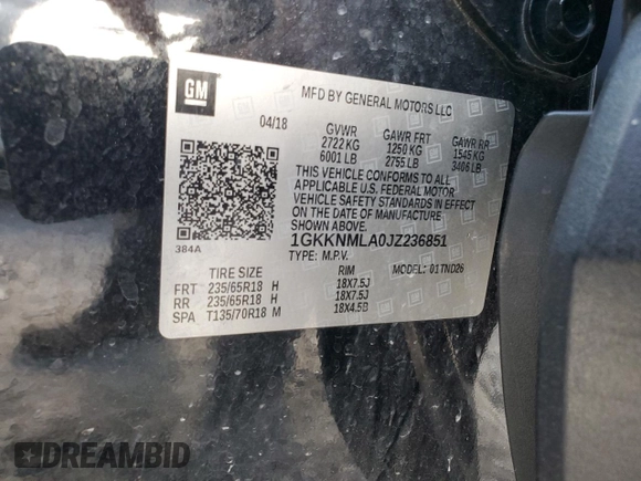 2018 GMC Acadia SLT with VIN 1GKKNMLA0JZ236851, listed as a Copart auction lot 73528254 with 134,247 mi miles and Salvage Title. Bid and sale history available at DreamBid. Image 13.
