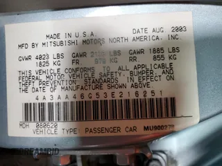 2003 Mitsubishi Galant ES z VIN 4A3AA46G53E216251, wystawiony jako Copart lot #82654014 z przebiegiem 199 493 mil mil oraz Szkoda całkowita • Salvage title. Historia ofert i sprzedaży dostępna na DreamBid. Obrazek 12.