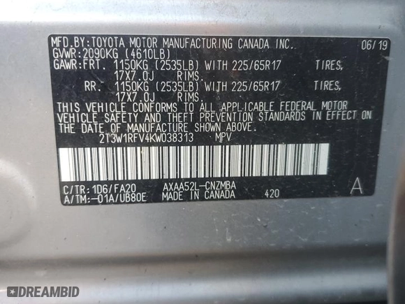 2019 Toyota RAV4 XLE with VIN 2T3W1RFV4KW038313, listed as a Copart auction lot 44631835 with NaN miles and Salvage Title. Bid and sale history available at carsss.com. Image 16.